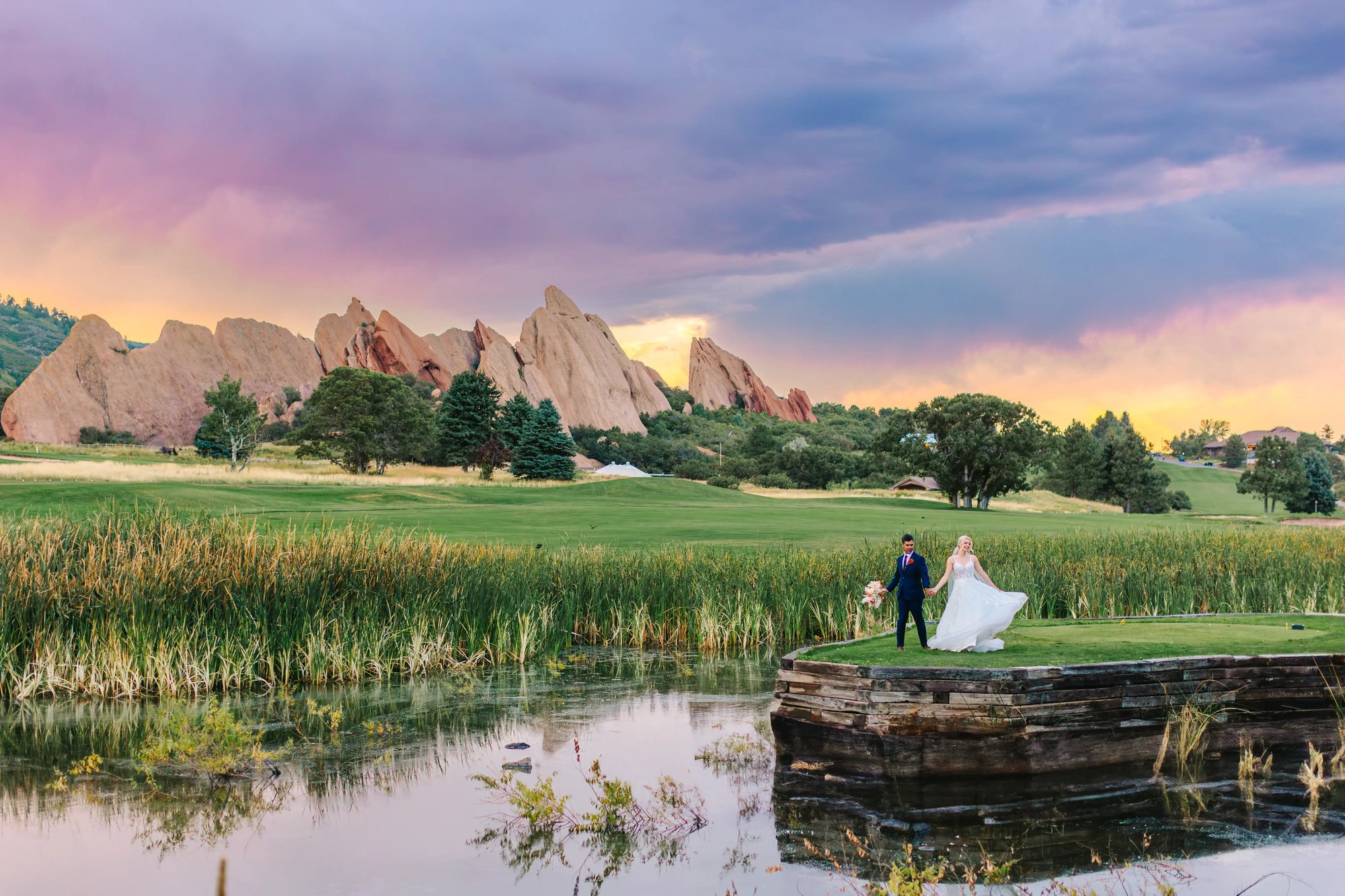 Arrowhead Golf Club Wedding Bride and Groom with mountain backdrop